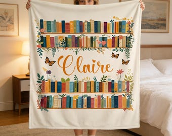 Personalized Book Lover Throw Blanket with Name,Cottagecore Bookshelf Vintage Floral Library Design,Cozy Bookish Reading Gift and Home Decor