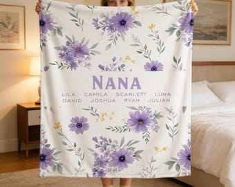 Personalisierte Oma Decke mit den Namen der Enkelkinder, Benutzerdefinierte Minky Decke, Kuscheliges Geschenk für Nana oder Gigi, Weiche Decke für Oma Geburtstag
