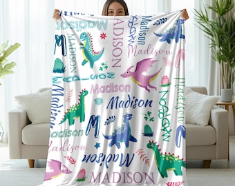 Personalized Dinosaur Blanket for Kids, Custom Dino Flannel Throw with Name, Educational Blanket for Boys and Girls, Dinosaur Lover Gift