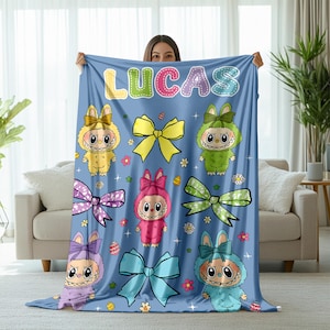 Custom Labubu Name Blanket, Cute Flannel Throw for Kids, Pink or Blue Labubu Gift, Cozy Personalized Blanket for Girls or Labubu Fans