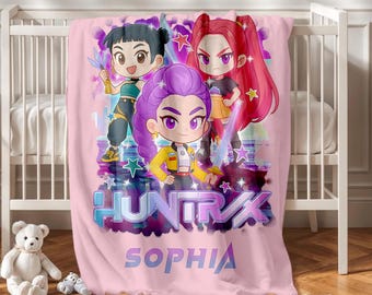 Custom Name Hunter Blanket, Cozy Demon Hunter Throw for Kids, Cute Anime Style Blanket, Ideal Christmas Gift for Girls & Family