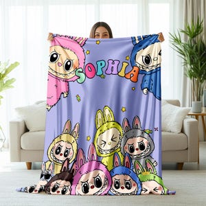 Cute Labubu Blanket,Personalized Gift for Girls,Custom Flannel Blanket,Pink and Blue Kids Blanket,Gift for Her,Soft Blanket for Labubu Lover