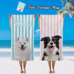 May include: Two beach towels featuring dog portraits and the name "Charles". One towel has blue and white stripes with a white dog, the other has pink and white stripes with a black and white dog. A small bag with a dog image is also included.