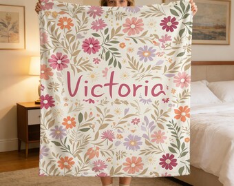 Personalized Teen Girl Blanket, Custom Name Kids Throw, Soft Floral Blanket, Tween Gift, Cozy Preppy Blanket for Birthday or Room Decor
