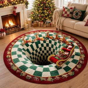 May include: A round area rug featuring a 3D optical illusion of a deep hole with a green and white checkered pattern. A red sleigh filled with gifts and Santa Claus is positioned on the edge, pulled by flying reindeer across the rug surface.