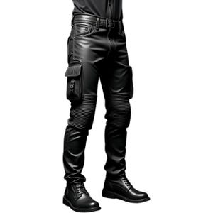 Men&#39;s Black Leather Cargo Pants with Ribbed Knee Panels and Utility Pockets - Stylish and Durable Biker Pants