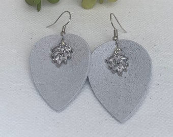 Leather and Sparkle Dangle Earrings-Pinched Suede and Cubic Zirconia White