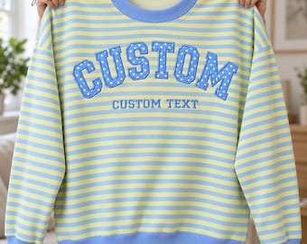 Personalized Gingham Applique Mock Neck Sweatshirt & Shorts Set, Custom Name Striped Pullover, College Game Day Outfit, Back To School Gifts