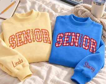 Personalized Senior 2027 Gingham Applique Sweatshirt, Custom Embroidered Sleeve Name Mockneck Pullover, College Game Day Outfit, Senior Gift