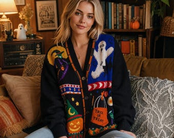 Vintage Halloween Ghost Cardigan, Trick Or Treat Pumpkin Knit Sweater, Retro Witchy Button Cardigan, Spooky Fall Outfit, Halloween Gift