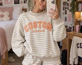 Personalized Gingham Applique Mock Neck Sweatshirt & Shorts Set, Custom Name Striped Pullover, College Game Day Outfit, Back To School Gifts
