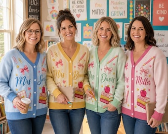 Personalized Name Cardigan, Custom Teacher Sweater, Teacher Team Cardigan, Teacher Appreciation Gift, Back To School Outfit, Knit Cardigan