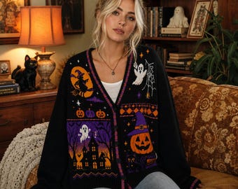 Cottagecore Halloween Ghost Cardigan, Black Cat Pumpkin Knit Sweater, Vintage Witchy Button Cardigan, Spooky Fall Outfit, Halloween Gift