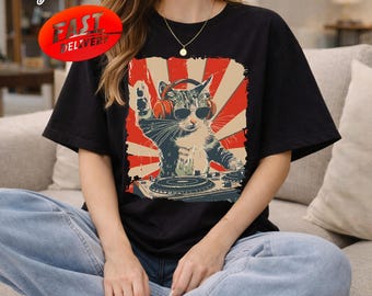 DJ Cat Shirt, Funny Cat With Headphones Tee, Retro Music Graphic T-Shirt, Cool DJ Kitty Shirt, EDM Festival Outfit, Cat Lover Gift