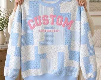 Personalized Floral Patchwork Mock Neck Sweatshirt & Shorts Set, Custom Name Gingham Applique College Game Day Outfit, Back To School Gifts