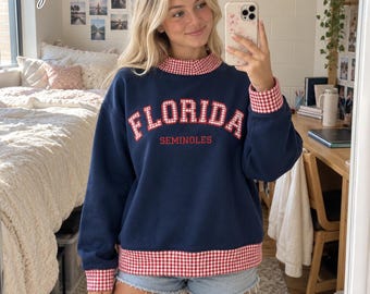 Personalized Gingham Applique Mockneck Sweatshirt, Custom School Spirit Mascot Pullover, College Varsity Game Day Outfit,Back To School Gift