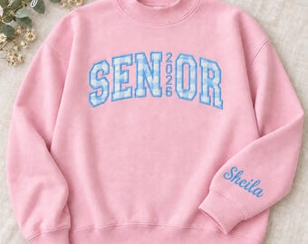 Personalized Senior 2027 Gingham Applique Sweatshirt, Custom Embroidered Sleeve Name Mockneck Pullover, College Game Day Outfit, Senior Gift
