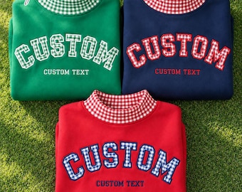 Personalized Gingham Applique Mockneck Sweatshirt, Custom School Spirit Mascot Pullover, College Varsity Game Day Outfit,Back To School Gift