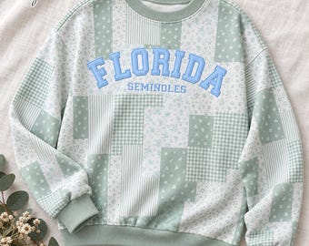 Personalized Floral Patchwork Mock Neck Sweatshirt & Shorts Set, Custom Name Gingham Applique College Game Day Outfit, Back To School Gifts