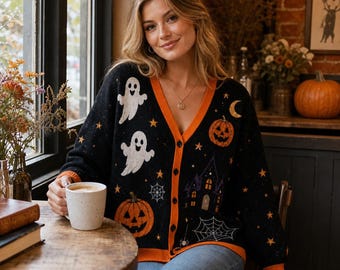 Halloween Ghost Pumpkin Cardigan, Vintage Gothic Knit Sweater, Spooky Fall Button Up Cardigan, Witchy Autumn Outfit, Halloween Gift for Her