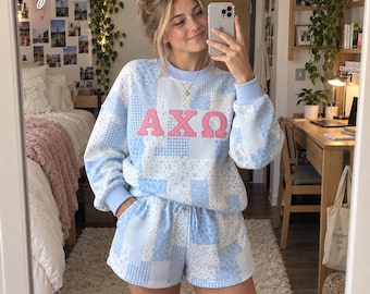 Personalized Floral Patchwork Mock Neck Sweatshirt & Shorts Set, Custom Name Gingham Applique College Game Day Outfit, Back To School Gifts