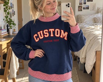 Personalized Gingham Applique Mockneck Sweatshirt, Custom School Spirit Mascot Pullover, College Varsity Game Day Outfit,Back To School Gift