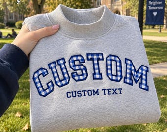 Personalized Embroidered Mock Neck Sweatshirt, Custom Gingham Applique School Pullover, College Game Day Outfit, Back To School Gift For Her