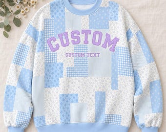 Personalized Floral Patchwork Mock Neck Sweatshirt & Shorts Set, Custom Name Gingham Applique College Game Day Outfit, Back To School Gifts