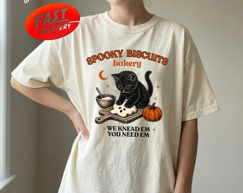 Kitty Biscuits Shirt, Spooky Black Cat Halloween Tee, Vintage Baking Graphic T-Shirt, Pumpkin Fall Shirt, Cat Lover Gift, Cozy Autumn Shirt