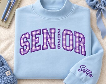 Personalized Senior 2027 Gingham Applique Sweatshirt, Custom Embroidered Sleeve Name Mockneck Pullover, College Game Day Outfit, Senior Gift