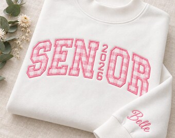 Personalized Senior 2027 Gingham Applique Sweatshirt, Custom Embroidered Sleeve Name Mockneck Pullover, College Game Day Outfit, Senior Gift
