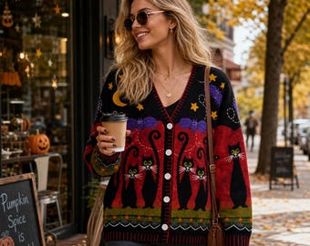 Black Cat Halloween Cardigan, Vintage Gothic Knit Sweater, Bat Moon Star Button Cardigan, Witchy Fall Outfit, Cozy Autumn Halloween Gift