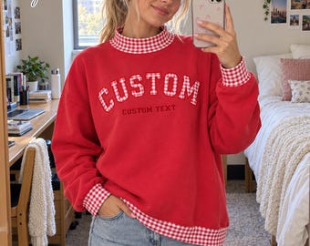 Personalized Gingham Applique Mockneck Sweatshirt, Custom School Spirit Mascot Pullover, College Varsity Game Day Outfit,Back To School Gift