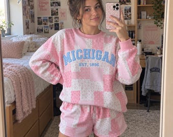 Personalized Floral Patchwork Mock Neck Sweatshirt & Shorts Set, Custom Name Gingham Applique College Game Day Outfit, Back To School Gifts