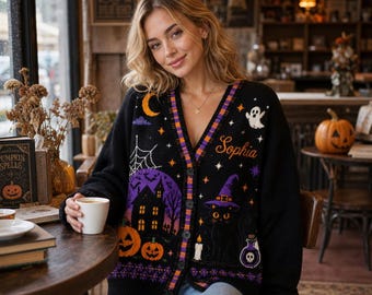 Custom Name Halloween Witch Cardigan, Vintage Ghost Knit Sweater, Moon Phase Button Up Cardigan, Cottagecore Fall Outfit, Spooky Season Gift
