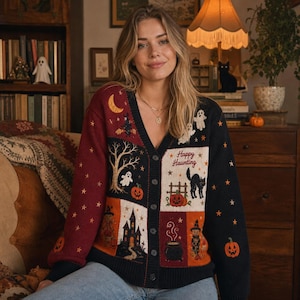 Cardigan patchwork in stile cottagecore per Halloween, maglione lavorato a maglia con zucca fantasma, cardigan vintage con bottoni a forma di strega e luna, outfit autunnale spettrale, regalo di Halloween