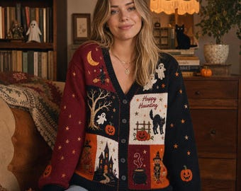 Cottagecore Halloween Patchwork Cardigan, Ghost Pumpkin Knit Sweater, Vintage Moon Witch Button Cardigan, Spooky Fall Outfit, Halloween Gift