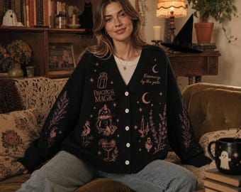 Practical Magic Halloween Knit Cardigan, Vintage Witchy Sweater, Vintage Cottagecore Button Cardigan, Spooky Fall Outfit, Halloween Gift