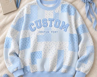 Personalized Floral Patchwork Mock Neck Sweatshirt & Shorts Set, Custom Name Gingham Applique College Game Day Outfit, Back To School Gifts