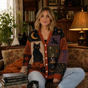 Cardigan patchwork vintage di Halloween, maglione lavorato a maglia con fantasma e zucca, cardigan cottagecore con gatto nero e strega, outfit autunnale spettrale, regalo di Halloween