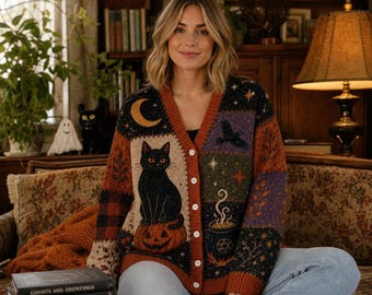 Vintage Halloween Patchwork Cardigan, Ghost Pumpkin Knit Sweater, Cottagecore Black Cat Witchy Cardigan, Spooky Fall Outfit, Halloween Gift