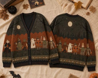 Vintage Halloween Cardigan, Woodland Witch Knit Sweater, Pumpkin Animal Ghost Button Cardigan, Cottagecore Fall Outfit, Spooky Season Gift