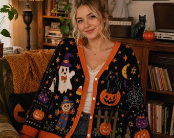 Cottagecore Halloween Ghost Cardigan, Black Cat Pumpkin Knit Sweater, Vintage Witchy Button Cardigan, Spooky Fall Outfit, Halloween Gift