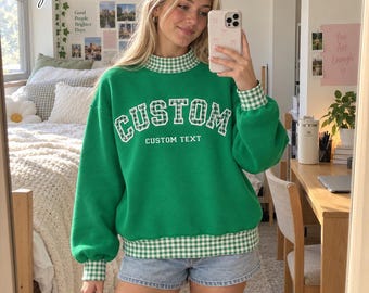 Personalized Gingham Applique Mockneck Sweatshirt, Custom School Spirit Mascot Pullover, College Varsity Game Day Outfit,Back To School Gift