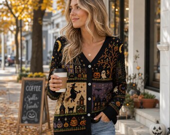 Halloween Witch Cardigan, Vintage Pumpkin Ghost Knit Sweater, Moon Phase Button Up Cardigan, Cottagecore Fall Outfit, Spooky Season Gift
