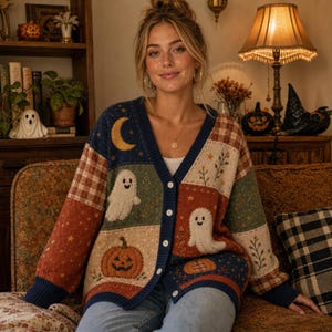 Cottagecore Halloween Patchwork Cardigan, Ghost Pumpkin Knit Sweater, Vintage Moon Witch Button Cardigan, Spooky Fall Outfit, Halloween Gift