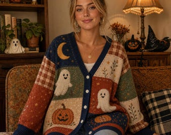 Cottagecore Halloween Patchwork Cardigan, Ghost Pumpkin Knit Sweater, Vintage Moon Witch Button Cardigan, Spooky Fall Outfit, Halloween Gift