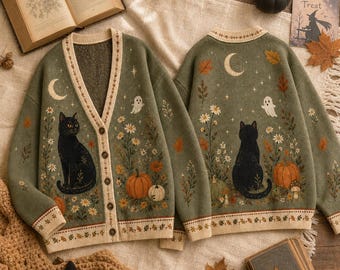 Cottagecore Black Cat Halloween Knit Cardigan, Wildflower Pumpkin Sage Green Sweater, Spooky Season Fall Outfit, Cozy Autumn Halloween Gift