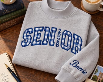 Personalized Senior 2027 Gingham Applique Sweatshirt, Custom Embroidered Sleeve Name Mockneck Pullover, College Game Day Outfit, Senior Gift