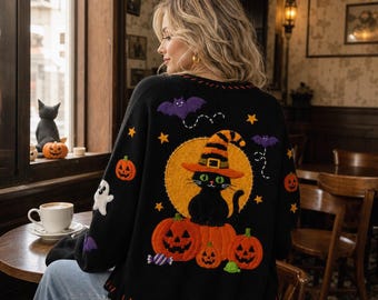 Cottagecore Black Cat Witchy Cardigan, Vintage Halloween Knit Cardigan, Ghost Pumpkin Knit Sweater, Spooky Fall Outfit, Cozy Halloween Gift